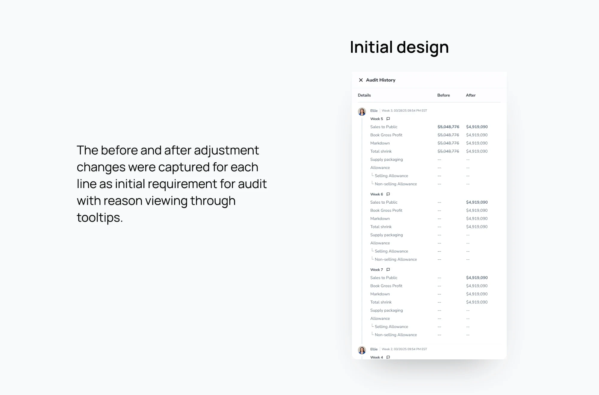 The initial design: before and after adjustment changes captured for each line, with the reason shown only on hover.