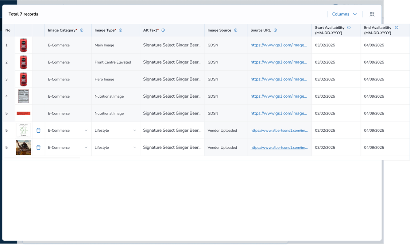 Image asset table with records expanded