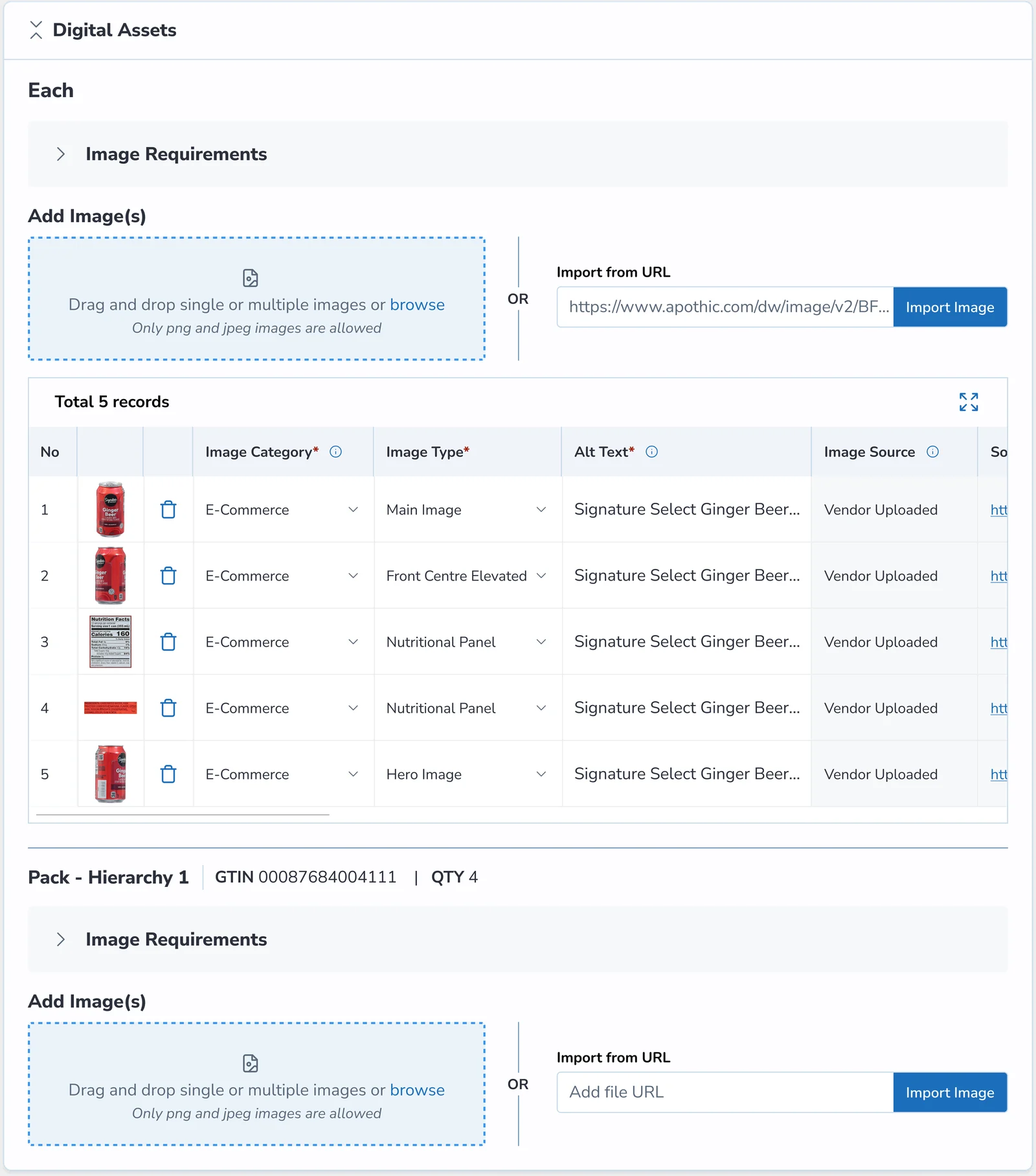 The Digital Assets section open: image requirements, a drag and drop area or import from URL for each hierarchy, and a table of five records with image category, image type, alt text and image source per row.