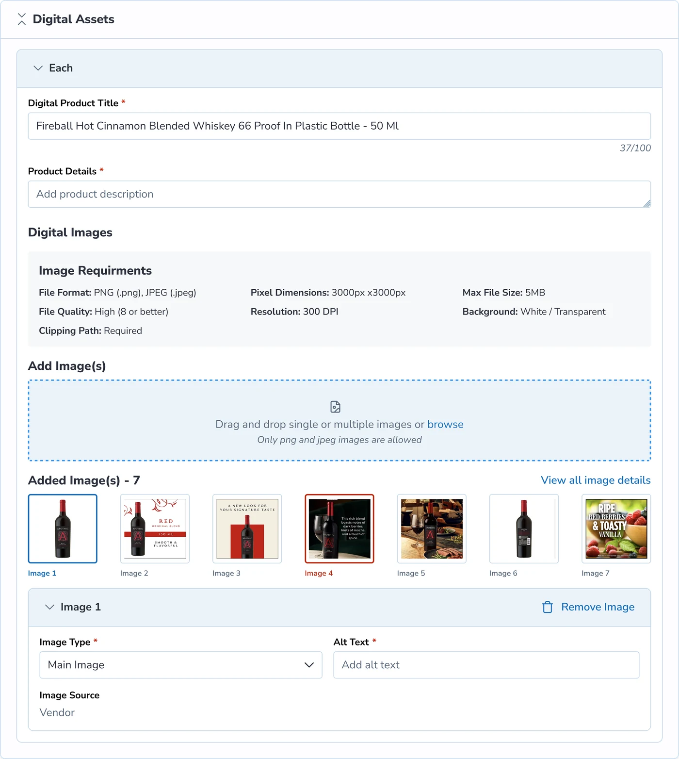 One card: the product title and details, the image requirements, the upload area, and the seven added images as a row of thumbnails with the selected image's fields underneath.