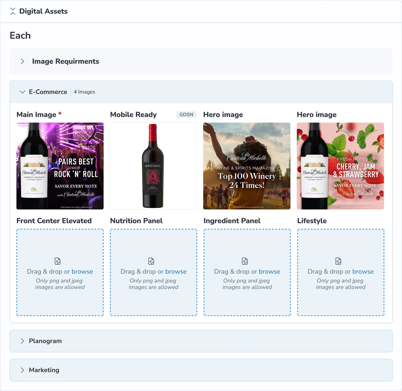 The image section as a grid: e-commerce images laid out by type, with empty drop areas for the ones still missing.