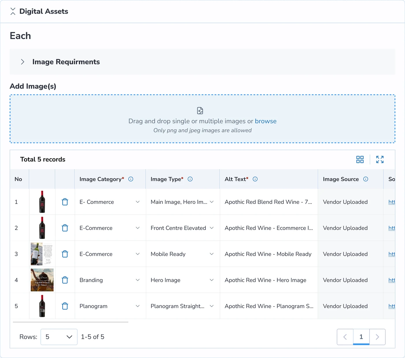 The image section as a table: five records, each row carrying its thumbnail, image category, image type, alt text and image source.