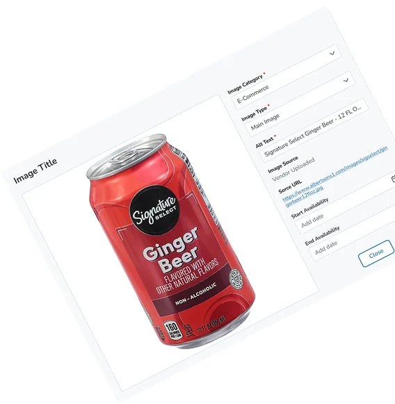 The image viewer modal: the enlarged product shot beside its image category, type, alt text, source and availability fields.