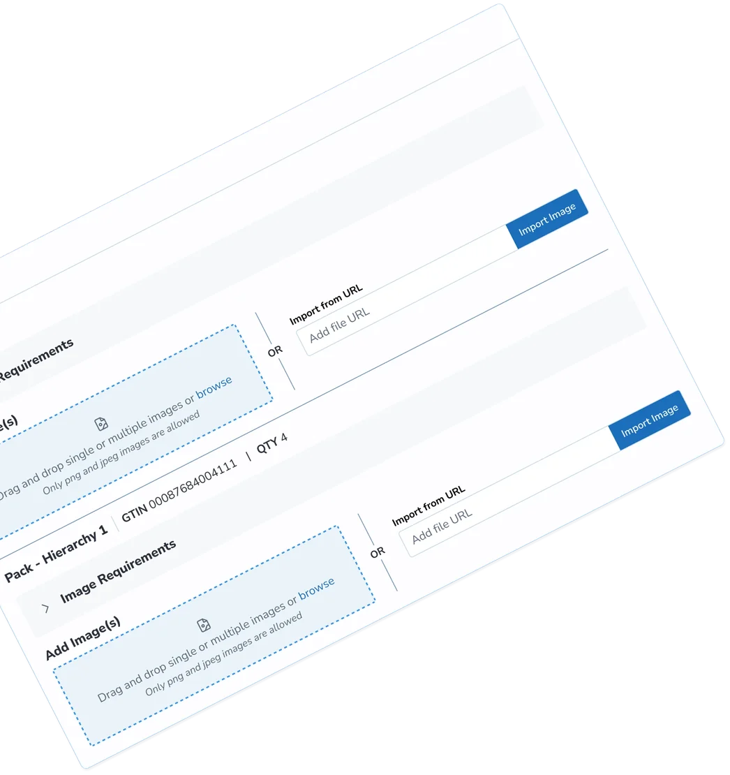 The image requirements and upload area, repeated per hierarchy: drag and drop or import from a URL, for each and for pack hierarchy 1.