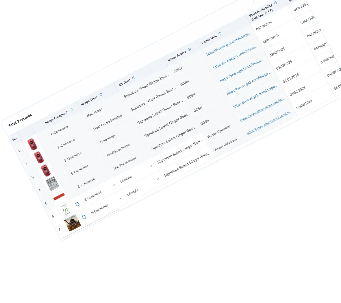 The image asset table filled in: seven records, each with its thumbnail, image category, image type, alt text, image source, source URL and availability dates.