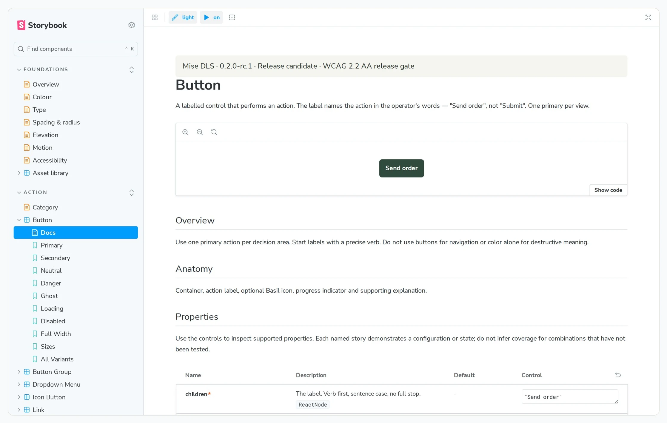 Storybook documentation page for the Button component, showing a live Send order button followed by Overview, Anatomy and Properties sections.
