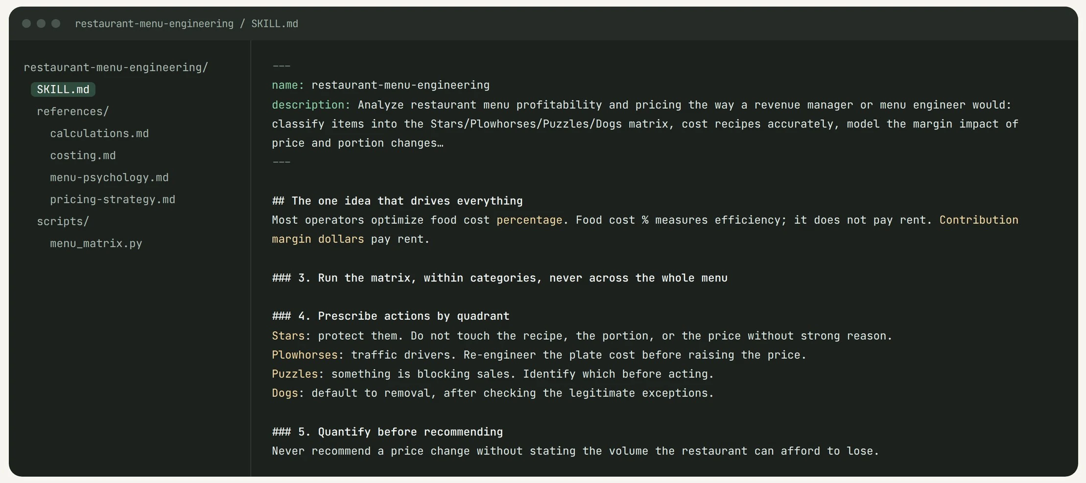 The persona's SKILL.md open in a code editor, with a folder tree of references and a script beside it: the frontmatter, the idea that contribution margin dollars pay rent, and the actions for Stars, Plowhorses, Puzzles and Dogs.