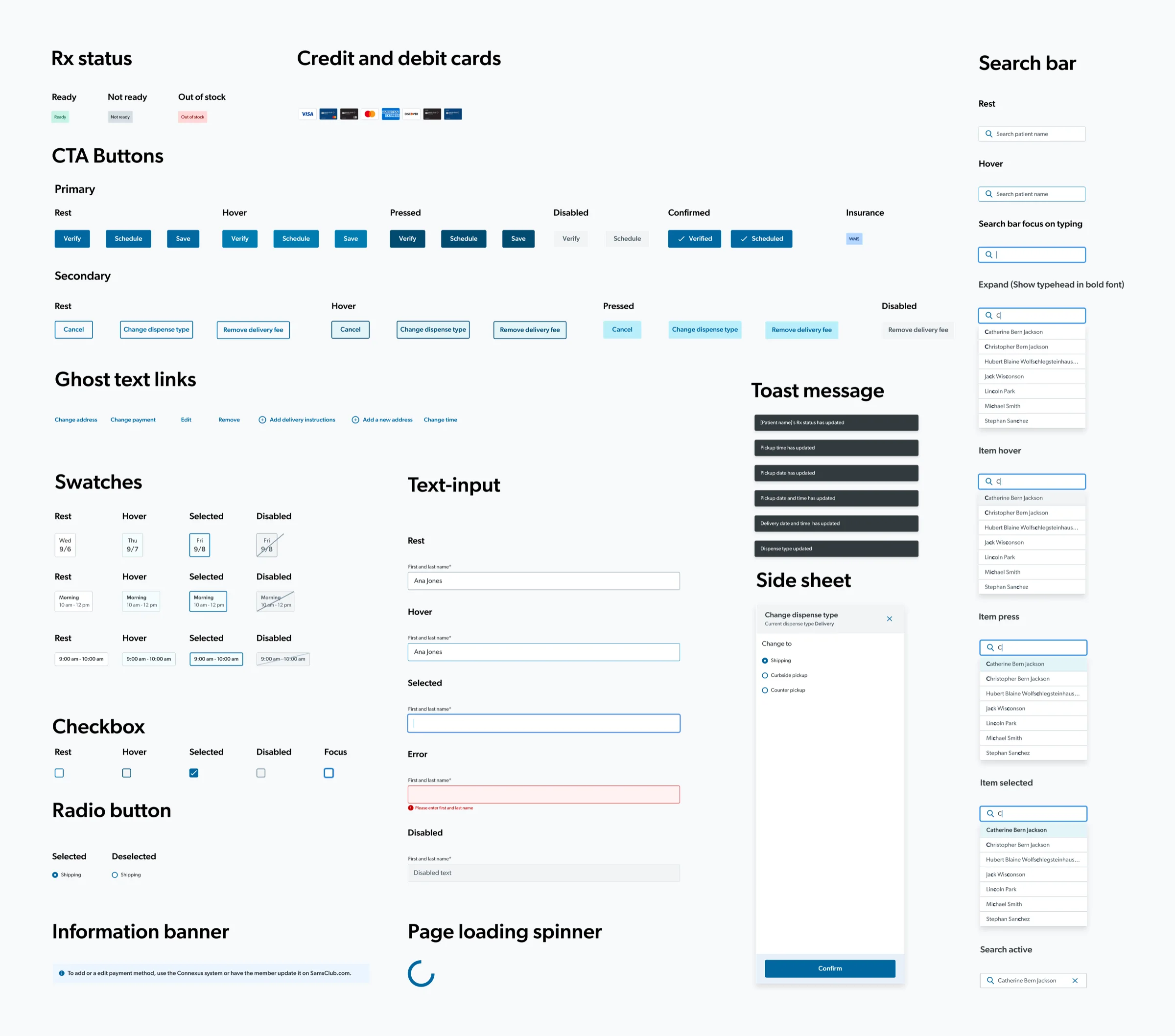 The BlueSteel DLS sheet: Rx status chips, primary and secondary CTA buttons in every state, ghost text links, date and time swatches, checkboxes and radio buttons, an information banner, card art, text inputs, toast messages, a side sheet, a loading spinner, and the search bar through rest, hover, typing, expanded and active.