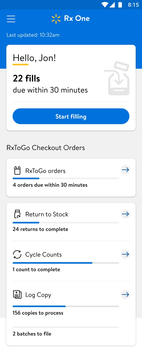 The Rx One home screen on the mobile app: 22 fills due within 30 minutes with a Start filling button, then the RxToGo orders, Return to Stock, Cycle Counts and Log Copy queues.