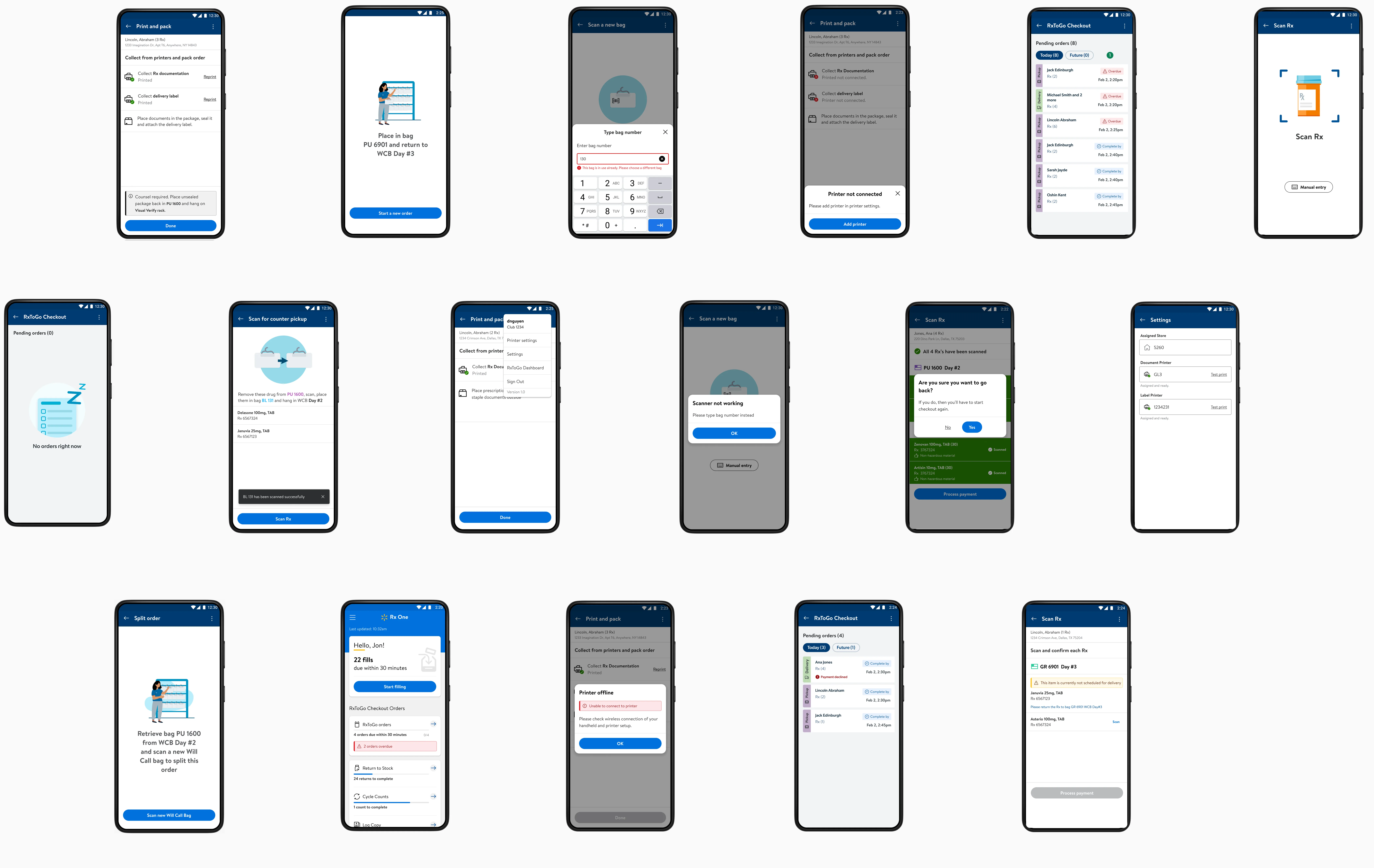 The mobile app's screens laid out together: the RxToGo checkout queue and its empty state, scanning and confirming each Rx, the go-back confirmation, split order, counter pickup, print and pack with its counsel note, payment and printer failures, typing a bag number that is already in use, the scanner empty state and manual entry, settings with the assigned store and printers, and the Rx One home screen.