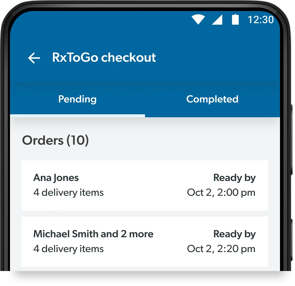 Iteration 1: Pending and Completed tabs over a flat list of ten orders, each row giving the patient, the delivery item count and a Ready by time.