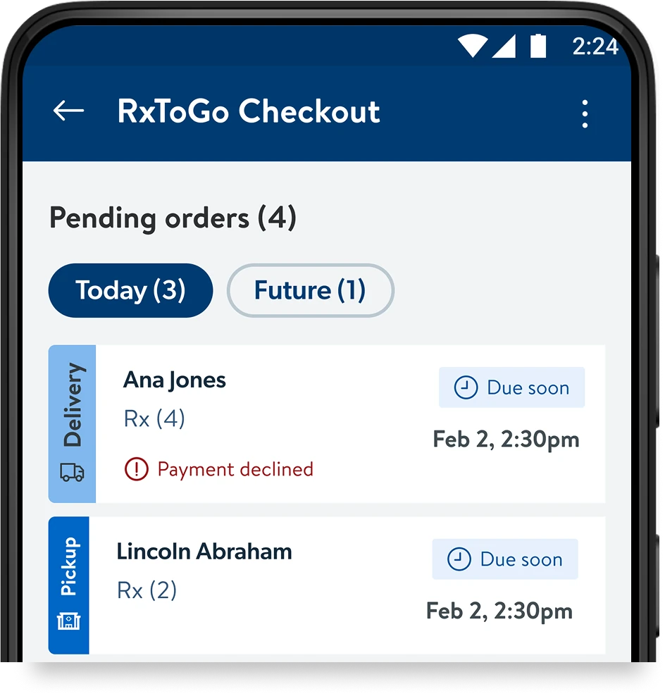 Iteration 4: Today and Future filters, a Delivery or Pickup tab down each row's left edge, a Due soon pill and a payment declined warning.