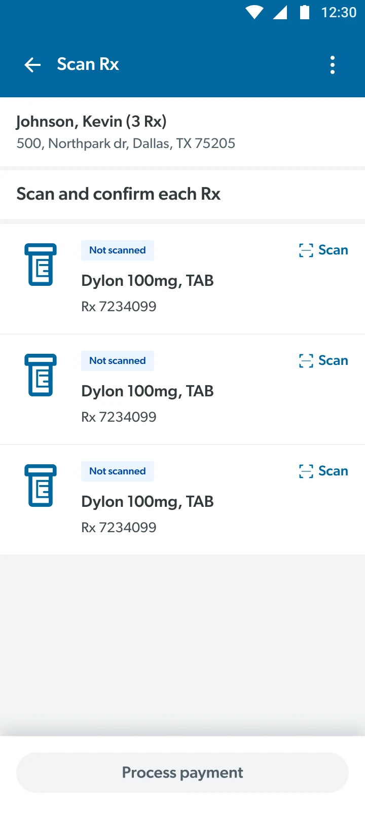 Scan Rx: the selected order with each prescription not yet scanned