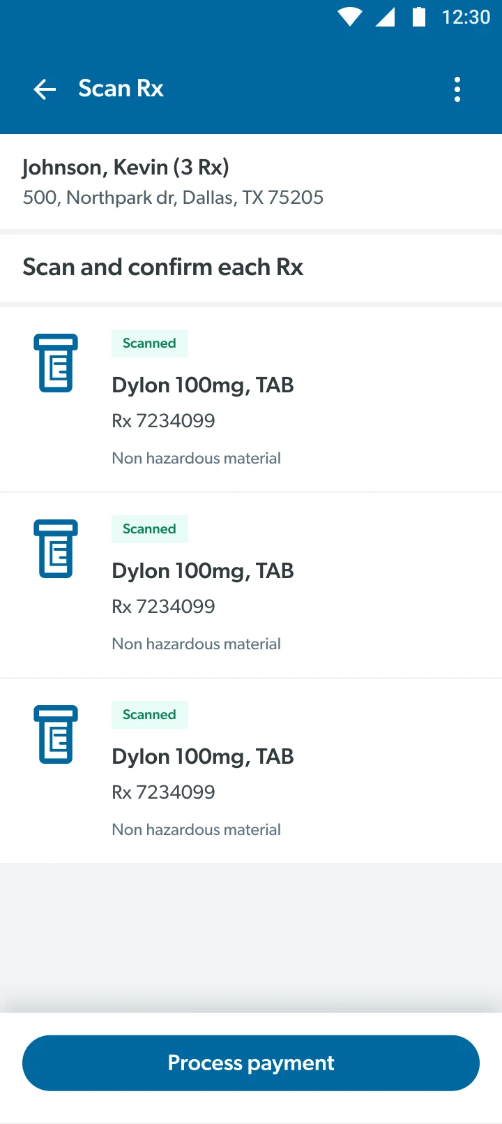 Scan Rx: every prescription marked scanned, with Process payment enabled