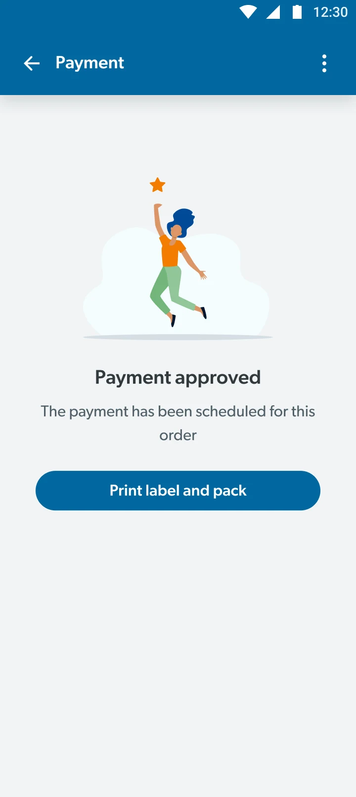 Payment approved, with a Print label and pack button