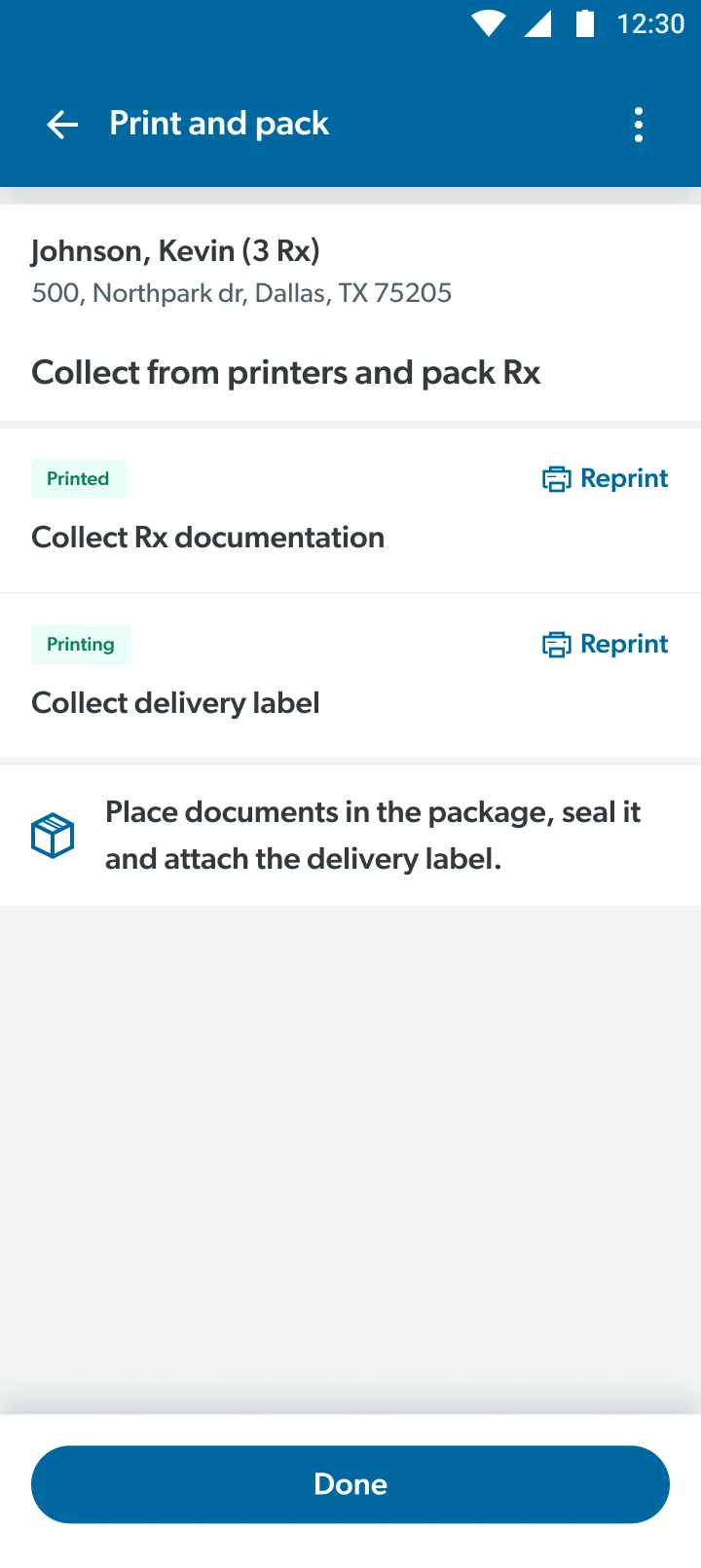 Print and pack: Rx documentation and delivery label printed