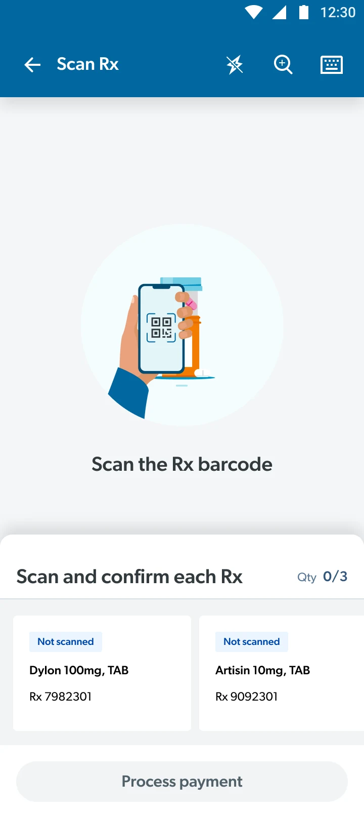 Scan Rx: three prescriptions waiting, none scanned yet (Qty 0/3)