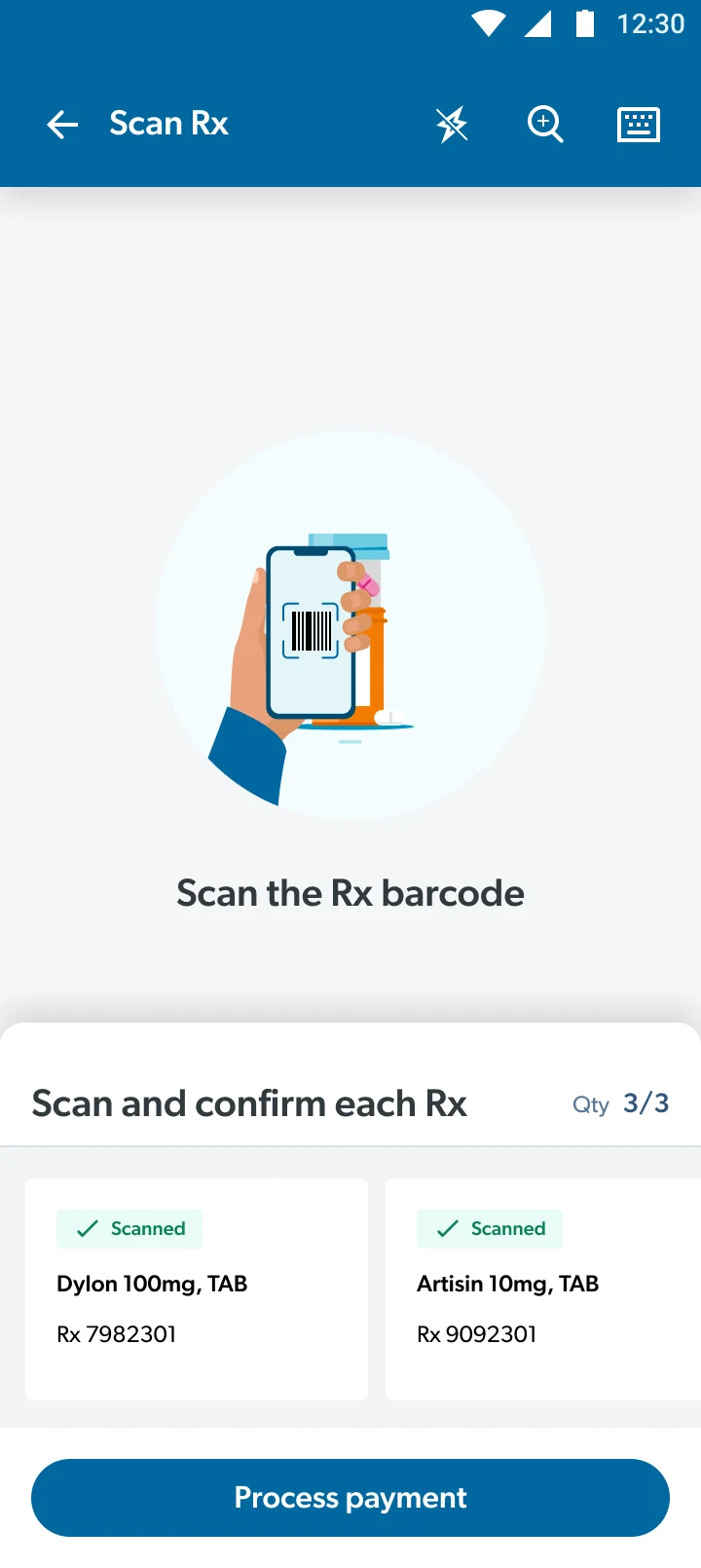 Scan Rx: all three prescriptions scanned (Qty 3/3), Process payment enabled
