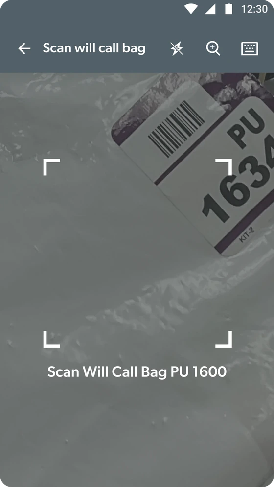 After: the live camera view with framing corners over the bag label, prompting Scan Will Call Bag PU 1600, which names the bag to look for.