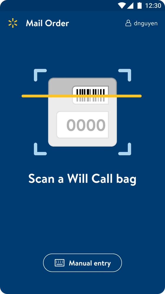 Before: the scan screen shows a drawing of a Will Call bag inside framing corners, the instruction Scan a Will Call bag, and a Manual entry button.