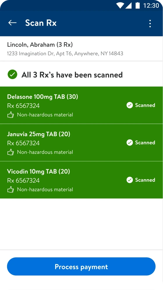 Before: the three scanned prescriptions sit on saturated green rows in white text, under the heading All 3 Rx's have been scanned.