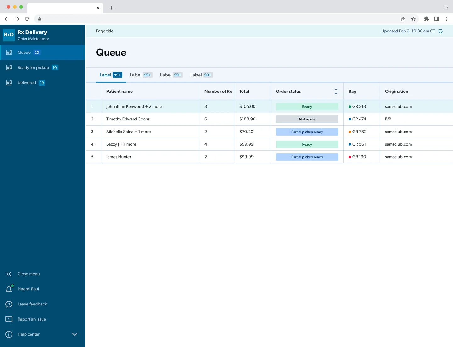 The order queue in the browser: delivery orders with patient name, prescription count, total, order status, bag and origination.