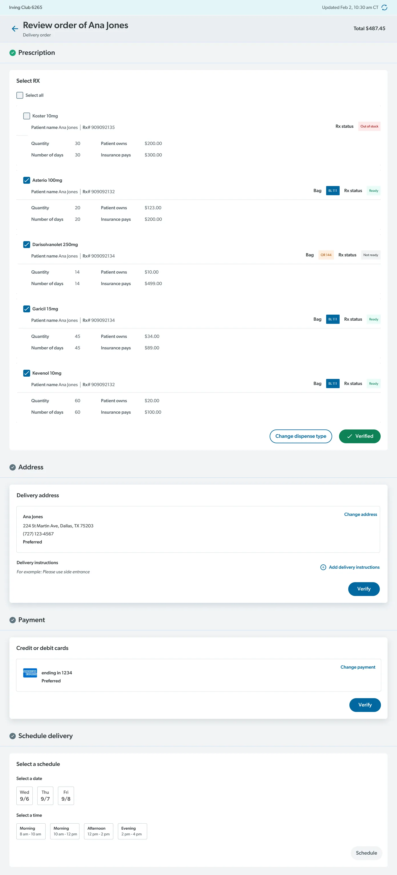 Review order for Ana Jones, scrolling from the prescription list through delivery address, payment and schedule.